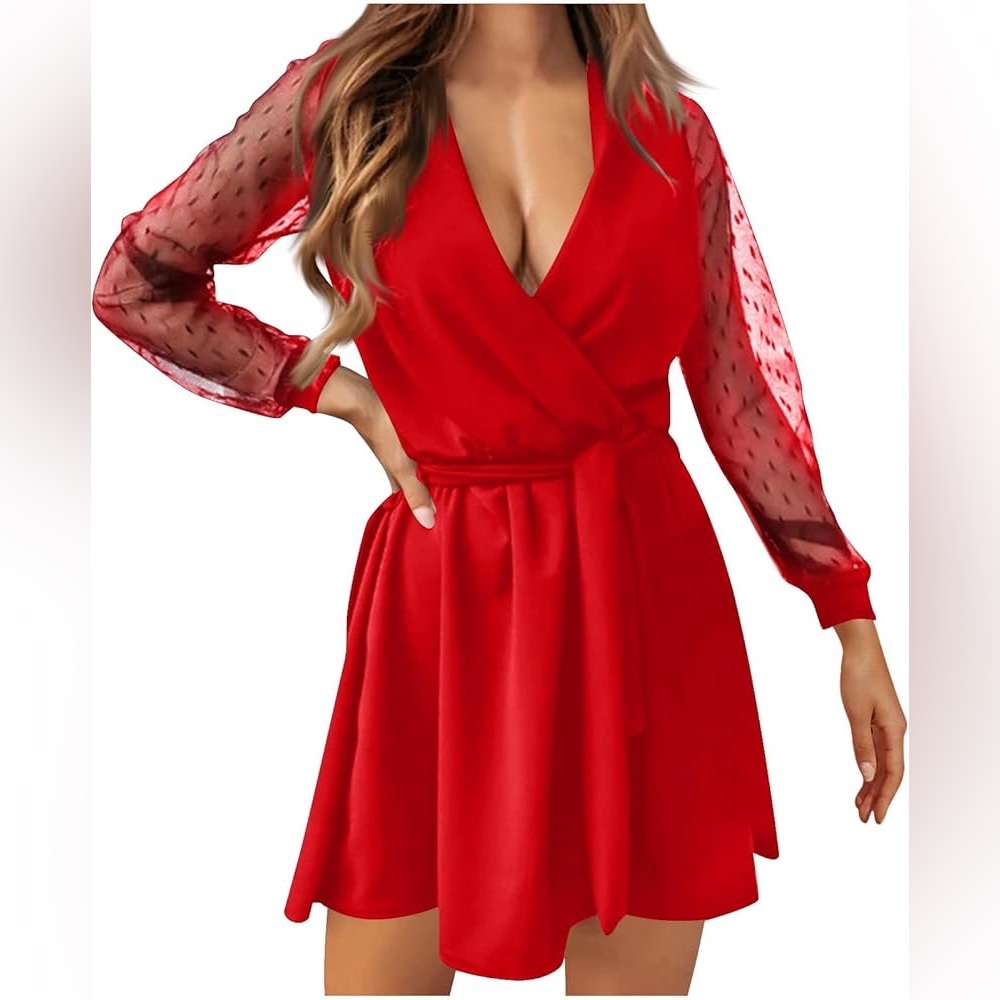 Red sheer sleeve with polkadots tie waist dress